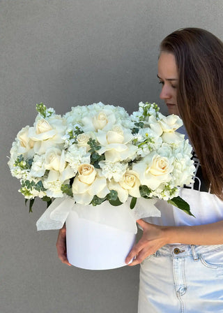 NO. 19. Box With White Flowers (roses, matthiolas, hydrangea)