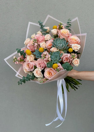 NO. 128. Charming Succulents (roses, matthiolas, craspedia)