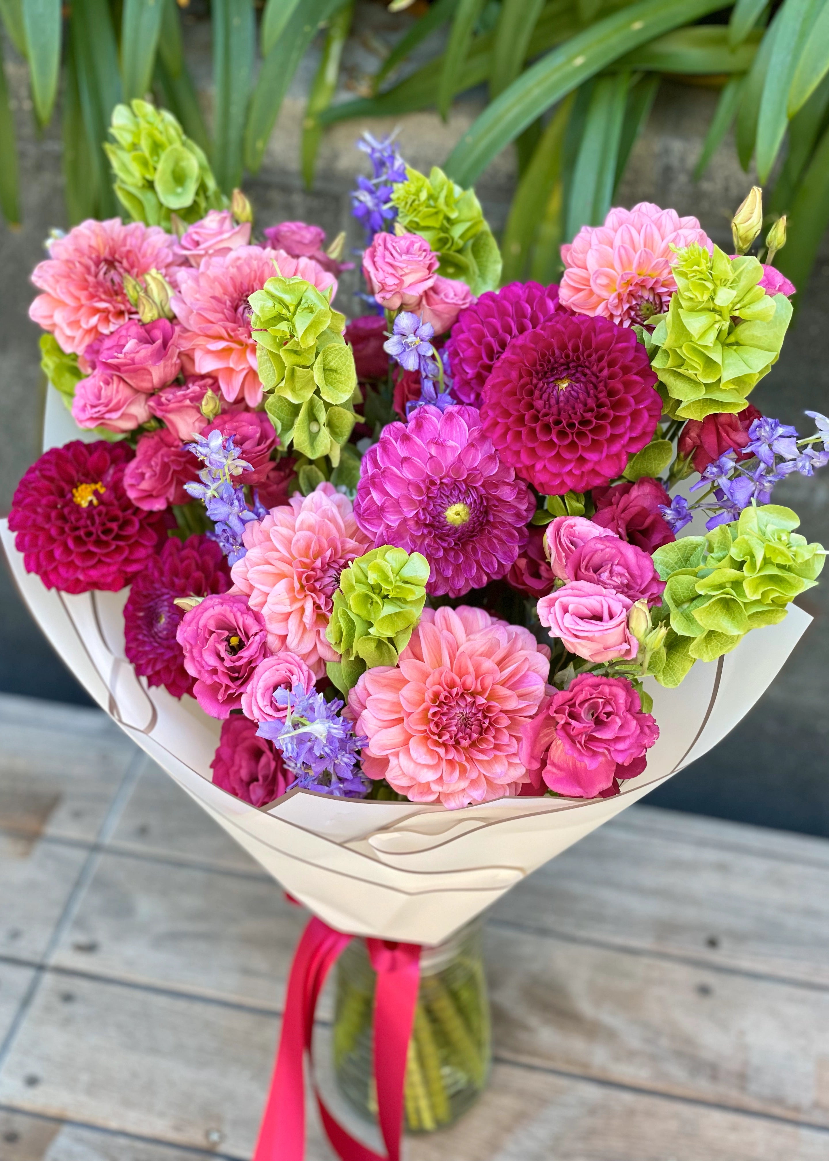 NO. 117. Burgundy Tropic Dahlias (dahlia, lisianthus, larkspur, greenery)