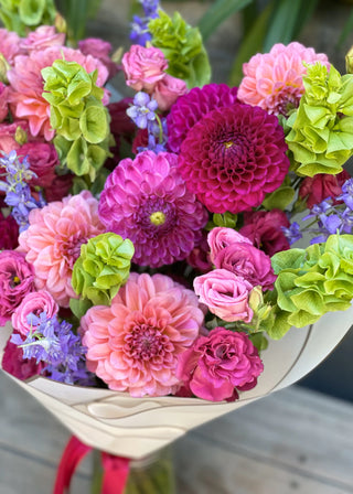 NO. 117. Burgundy Tropic Dahlias (dahlia, lisianthus, larkspur, greenery)