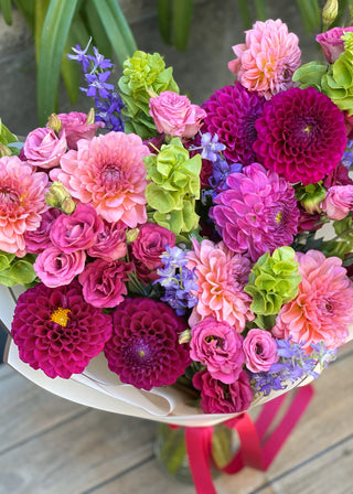 NO. 117. Burgundy Tropic Dahlias (dahlia, lisianthus, larkspur, greenery)