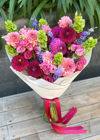 NO. 117. Burgundy Tropic Dahlias (dahlia, lisianthus, larkspur, greenery)