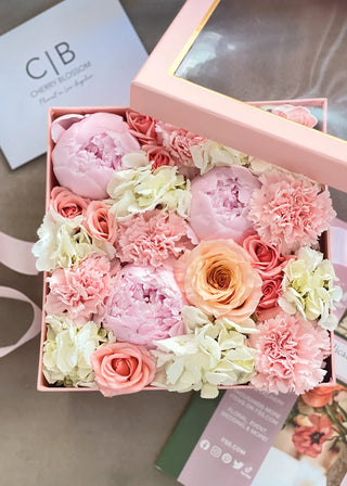 NO. 114. Square Box Rosy Blush Blooms (peonies, roses, dianthuses, hydrangeas)