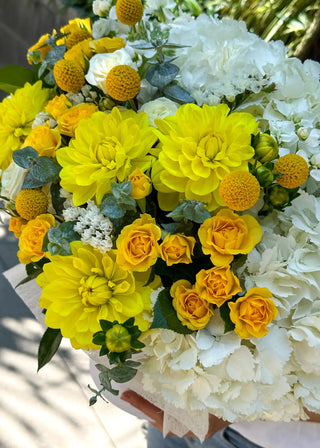 NO. 13. Sunny Box (yellow roses, hydrangeas, eucaliptus)