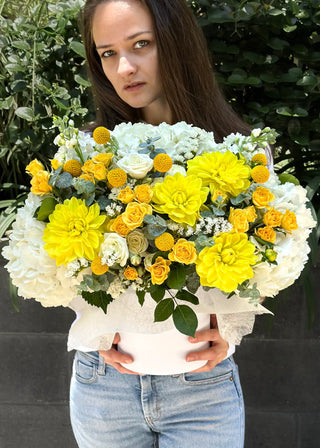 NO. 13. Sunny Box (yellow roses, hydrangeas, eucaliptus)