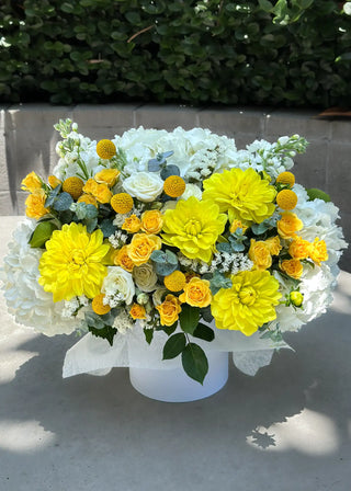 NO. 13. Sunny Box (yellow roses, hydrangeas, eucaliptus)