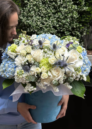 NO. 14. Blue Cloud Box (blue hydrangea, matthiolas, roses)