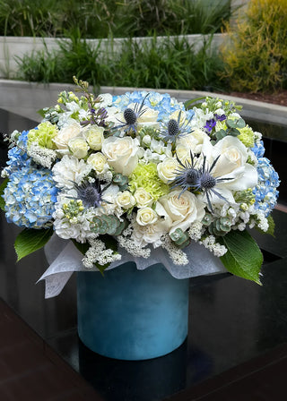 NO. 14. Blue Cloud Box (blue hydrangea, matthiolas, roses)