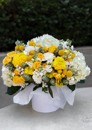 NO. 13. Sunny Box (yellow roses, hydrangeas, eucaliptus)