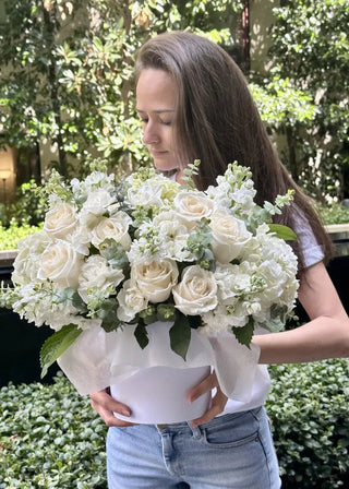 NO. 19. Box With White Flowers (roses, matthiolas, hydrangea)